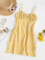 Gingham Ruffled Ruched Cami Bodycon Dress L Yellow