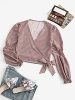 Gingham Shirred Detail Long Sleeve Wrap Blouse L Deep coffee