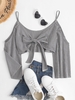 Gingham Tie Front Open Shoulder Crop Top L Black