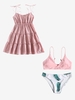 Gingham Tie Shoulder Tiered Sundress and Floral Leaf Print Bikini Set Light pink