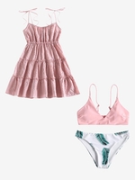 Gingham Tie Shoulder Tiered Sundress and Floral Leaf Print Bikini Set Light pink