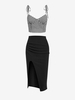 Gingham Tie Shoulder Top and Thigh Slit Draped Skirt Set Black