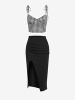 Gingham Tie Shoulder Top and Thigh Slit Draped Skirt Set Black