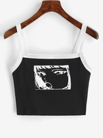 Girl Print Pop Art Binding Crop Tank Top L Black