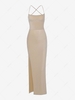 Glitter Metallic Lace Up Thigh High Slit Cami Dress S Light coffee