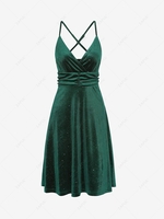Glitter Metallic Velvet Criss Cross Wedding Guest Dress L Deep green