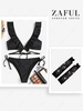 Glitter Pin Dot Ruffle Wrap Bikini with Halloween Spider Web Fingerless Gloves Black