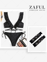 Glitter Pin Dot Ruffle Wrap Bikini with Halloween Spider Web Fingerless Gloves Black