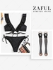 Glitter Pin Dot Ruffle Wrap Bikini with Striped Skull Pattern Halloween Stockings Black