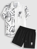 Graffiti Rose Print Shirt And Drawstring Casual Shorts Two Piece Set White