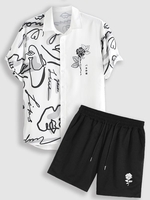 Graffiti Rose Print Shirt And Drawstring Casual Shorts Two Piece Set White