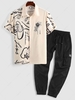Graffiti Rose Printed Casual Shirt and Solid Color Drawstring Cargo Pants Set Light coffee
