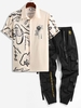 Graffiti Rose Printed Short Sleeves Shirt and Letter Text Embroidered Cargo Pants Set Light coffee