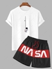 Graphic Astronaut Print T Shirt and Letter Colorblock Shorts Set Red