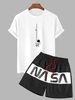 Graphic Astronaut Print T Shirt and Letter Colorblock Shorts Set White