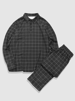 Grid Print Turn Down Collar T-shirt and Casual Pants Set L Black