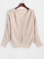 Grommet Lace-up Drop Shoulder Sweater Light pink