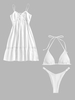 Guipure V Neck Sundress With Crinkle Halter Triangular Bikini Set White