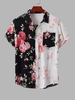 Half and Half Floral Print Short Sleeves Shirt M Black