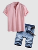 Half Button Casual Vertical Striped Shirt And Zip Fly Denim Shorts Two Piece Set Light pink
