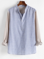 Half Button Contrast Striped Patchwork Shirt M Light blue