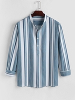 Half Button Irregular Striped Shirt L Blue
