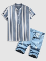 Half Button Striped Shirt and Ripped Denim Shorts Set Blue