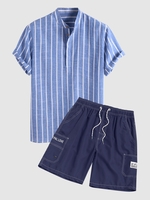 Half Buttoned Casual Striped Shirt And Stitching Drawstring Cargo Shorts Blue