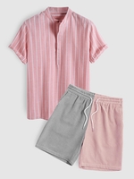 Half Buttoned Striped Shirt and Corduroy Shorts Set Light pink