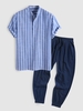 Half Buttoned Striped Shirt And Line Jogger Pants Two Piece Set Deep blue