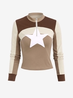 Half Zip Colorblock Star Pattern T Shirt L Coffee