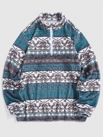 Half Zip Design Ethnic Geometric Printed Flannel Sweatshirt M Taupe