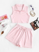 Half Zip Drawstring Pocket Two Piece Shorts Set L Light pink