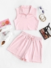 Half Zip Drawstring Pocket Two Piece Shorts Set M Light pink