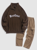 Half Zip Letter Embroidered Polar Fleece Sweatshirt and Cargo Pants Set Deep coffee
