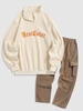 Half Zip Letter Embroidered Polar Fleece Sweatshirt and Cargo Pants Set Light coffee