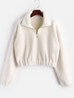 Half Zip Plain Faux Fur Sweatshirt M White