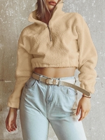 Half Zip Plain Faux Fur Sweatshirt S Tan