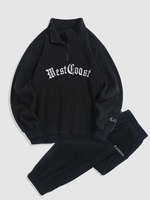 Half Zip Polar Fleece Letter Embroidered Sweatshirt and Beam Feet Pants Set Black