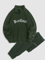 Half Zip Polar Fleece Letter Embroidered Sweatshirt and Beam Feet Pants Set Deep green