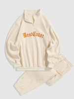 Half Zip Polar Fleece Letter Embroidered Sweatshirt and Beam Feet Pants Set Light coffee