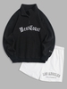 Half Zip Polar Fleece Letter Embroidered Sweatshirt and LOS ANGELES Drawstring Shorts Set Black