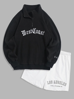 Half Zip Polar Fleece Letter Embroidered Sweatshirt and LOS ANGELES Drawstring Shorts Set Black