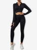 Half Zip Thumb Hole Ribbed Crop Top With Lace Up Leggings Athleisure Gym Sports Yoga Knitted Two Piece Set M Black
