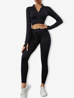 Half Zip Thumb Hole Ribbed Crop Top With Lace Up Leggings Athleisure Gym Sports Yoga Knitted Two Piece Set M Black