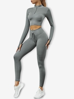 Half Zip Thumb Hole Ribbed Crop Top With Lace Up Leggings Athleisure Gym Sports Yoga Knitted Two Piece Set S Cloudy gray