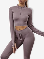 Half Zip Thumb Hole Ribbed Crop Top With Lace Up Leggings Athleisure Gym Sports Yoga Knitted Two Piece Set S Khaki rose