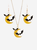 Halloween Bat Moon Pendant Necklace Earrings Set