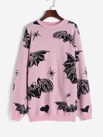 Halloween Bat Pattern Drop Shoulder Longline Sweater L Light pink