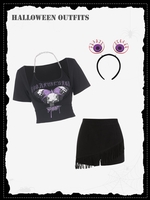 Halloween Butterfly Skull Graphic Fringed Tee and Skorts Outfits Set Black